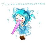  ? blue_hair blush bow cirno dress failure horn_(instrument) kisumi_mews lowres ribbon shoes solo touhou vuvuzela wings you're_doing_it_wrong 