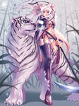  bad_id bad_pixiv_id blue_eyes foocon hair_ornament navel original petals pink_hair scythe solo thighhighs tiger twintails weapon white_hair white_tiger 
