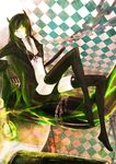  bad_id bad_pixiv_id bikini_top black_devil_girl black_rock_shooter coat earphones glasses horns katana long_hair midriff navel sitting solo sword thighhighs weapon yellow_eyes zuoyou 