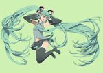  aqua_hair armpits bare_shoulders black_legwear blue_eyes detached_sleeves hatsune_miku highres jumping legs long_hair midair nayu necktie open_mouth simple_background skirt smile solo thighhighs very_long_hair vocaloid 