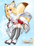  animal_ears chihaya_(clothing) fox_ears fox_tail japanese_clothes nakajima_konta snow_fox solo tail thighhighs yukino_(snow_fox) 