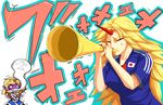  2girls bad_id bad_pixiv_id blonde_hair breasts giving_up_the_ghost horn horn_(instrument) hoshiguma_yuugi large_breasts long_hair mizuhashi_parsee multiple_girls pointy_ears ryuushou short_hair soccer soccer_uniform sportswear touhou vuvuzela world_cup 