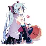  arm_support bad_id bad_pixiv_id ball blue_eyes blue_hair detached_sleeves hatsune_miku headphones long_hair looking_back potchi simple_background sitting skirt solo thighhighs twintails vocaloid 