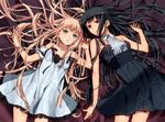  aqua_eyes black_hair blonde_hair blush dress error highres long_hair multiple_girls murakami_yuichi original red_eyes very_long_hair 