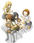  akiyama_mio back-to-back bad_id bad_pixiv_id black_eyes black_hair blonde_hair blue_eyes brown_eyes brown_hair chair closed_eyes highres hirasawa_yui k-on! kotobuki_tsumugi long_hair multiple_girls pantyhose riding school_uniform short_hair sitting sitting_backwards tainaka_ritsu yuni_(manyutin) 