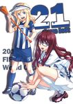  2girls bad_id bad_pixiv_id ball bliss_(ferment_factory) blonde_hair blue_eyes glasses highres honduras horn_(instrument) long_hair multiple_girls red_eyes red_hair soccer_ball tango_(soccer_ball) vuvuzela world_cup 