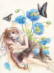  anklet bad_id bad_pixiv_id barefoot blue_eyes bracelet braid brown_hair bug butterfly dress face flower insect jewelry lying on_side original poppy_(flower) solo toyoda_izumi traditional_media 