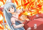  amiesdeli dutch_angle fire fujiwara_no_mokou hair_ribbon hand_in_pocket long_hair navel open_clothes red_eyes ribbon silver_hair smile solo suspenders touhou 