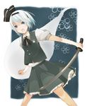  bad_id bad_pixiv_id black_hairband ghost hairband highres katana konpaku_youmu konpaku_youmu_(ghost) open_mouth short_hair short_sleeves sinran skirt solo sword touhou weapon 