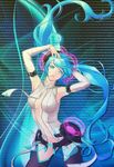  aqua_eyes arms_up bad_id bad_pixiv_id binary blue_hair bridal_gauntlets center_opening e_neko fingerless_gloves gloves hatsune_miku hatsune_miku_(append) highres long_hair navel necktie solo thighhighs twintails very_long_hair vocaloid vocaloid_append 