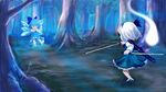  aichi_genjin back battle blue chibi cirno duel floating forest ghost hitodama katana konpaku_youmu konpaku_youmu_(ghost) multiple_girls nature short_hair sword touhou tree weapon 