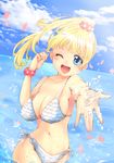  absurdres bad_id bad_pixiv_id bikini blonde_hair blue_eyes breasts flower frills highres large_breasts long_hair one_eye_closed open_mouth original ponytail side-tie_bikini smile solo splashing swimsuit tamaichi wading water wet 