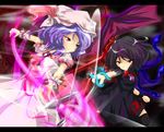  asymmetrical_wings bat_wings battle black_hair black_legwear blue_hair duel hat houjuu_nue letterboxed multiple_girls red_eyes red_star_(toranecomet) remilia_scarlet short_hair thighhighs touhou weapon wings 