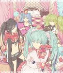  apple bad_id bad_pixiv_id bed black_rock_shooter black_rock_shooter_(character) bow bunny cake candy clock dr. dress duplicate food fruit hatsune_miku hatsune_miku_(roshin_yuukai/nitamagomix) holding lollipop long_hair lots_of_laugh_(vocaloid) macaron mouth_hold multiple_girls pastry pillow romeo_to_cinderella_(vocaloid) roshin_yuukai_(vocaloid) scrunchie songover strawberry stuffed_animal stuffed_bunny stuffed_toy swirl_lollipop twintails vocaloid 