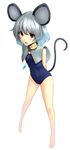  animal_ears arms_behind_back barefoot blue_hair capelet full_body gradient_hair hiroya_juuren jewelry looking_at_viewer mouse_ears mouse_tail multicolored_hair nazrin one-piece_swimsuit open_mouth pendant perspective red_eyes short_hair silver_hair simple_background smile solo standing swimsuit tail touhou 