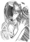  bad_id bad_pixiv_id bandages breasts cleavage closed_eyes derivative_work elfen_lied greyscale highres horns large_breasts long_hair lucy monochrome ryuuryou sketch smile solo traditional_media 