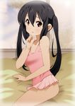  arm_support bad_id bad_pixiv_id bare_shoulders black_hair blush brown_eyes casual_one-piece_swimsuit k-on! long_hair nakano_azusa one-piece_swimsuit open_mouth pink_swimsuit sitting solo sweat swimsuit tears twintails yamasaki_wataru 