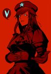  bad_id bad_pixiv_id blue_eyes glowing glowing_eyes hat heart hong_meiling jjune long_hair monochrome red red_background short_sleeves simple_background solo spoken_heart spot_color touhou upper_body 