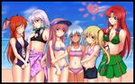  bat_wings beach bikini blonde_hair blue_eyes blue_hair braid breast_envy day flandre_scarlet head_wings highres hong_meiling izayoi_sakuya koakuma kou512a long_hair multiple_girls one-piece_tan patchouli_knowledge print_sarong purple_eyes purple_hair purple_sarong red_eyes red_hair remilia_scarlet sarong short_hair side_ponytail silver_hair swimsuit tan tanline touhou twin_braids wallpaper wings 