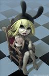  animal_hat bad_id bad_pixiv_id barefoot blonde_hair chair checkered checkered_floor copyright_request dress face feet hat highres horror_(theme) nikerabi open_mouth pale_skin perspective sitting solo stuffed_toy tongue 