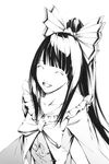  alternate_hairstyle bow closed_eyes frills from_above greyscale hair_ribbon houraisan_kaguya laughing long_hair monochrome open_mouth ponytail realistic ribbon smile solo sousou_(sousouworks) touhou upper_body 