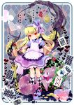  :&lt; absurdres argyle argyle_legwear blonde_hair bow card cat cup dress falling_card floating_card gun hair_bow heart highres kneehighs long_hair mary_janes moonyan mushroom original playing_card pocket_watch shoes socks solo teacup watch weapon wristband yellow_eyes 