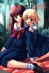  blonde_hair blue_eyes blush copyright_request hand_on_shoulder long_sleeves makita_yoshiharu multiple_girls non-web_source pleated_skirt red_hair shoes short_hair sitting skirt socks tree yellow_eyes yuri 