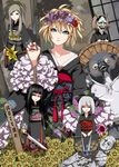  alice_margatroid aqua_eyes blonde_hair doll fuji_hyorone hannya japanese_clothes kimono knife mask multiple_girls noose obi sash short_hair sotoba tanuki touhou umbrella 