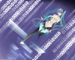  akright aqua_eyes aqua_hair barefoot belt binary bridal_gauntlets elbow_gloves fingerless_gloves gloves hatsune_miku hatsune_miku_(append) highres legs long_hair necktie smile solo thighhighs toeless_legwear twintails very_long_hair vocaloid vocaloid_append zettai_ryouiki 