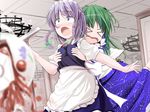  &gt;_&lt; apron aw bad_id bad_pixiv_id blue_eyes breast_grab breasts closed_eyes grabbing green_hair izayoi_sakuya jpeg_artifacts kochiya_sanae maid multiple_girls ribbon small_breasts touhou 