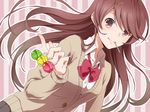  bad_id bad_pixiv_id brown_eyes brown_hair candy dutch_angle food hair_ornament hairclip lollipop long_hair original school_uniform smile solo sweater_vest waxwa 