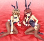  amane_suzuha animal_ears braid brown_hair bunny_ears bunnysuit long_hair lying makise_kurisu multiple_girls on_side pantyhose purple_eyes steins;gate surume_(clavis) twin_braids yellow_eyes 