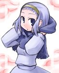  forehead hairband hat hat_removed headwear_removed hood kugelschreiber kumoi_ichirin lavender_hair purple_eyes short_hair solo touhou 