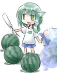  alternate_hairstyle blue_hair bow casual cirno folded_ponytail food frog frozen fruit green_eyes green_hair hair_bow head_bump kochiya_sanae kugelschreiber multiple_girls short_hair shorts snake touhou watermelon 