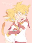  amezawa_koma animal_ears aqua_eyes bad_id bad_pixiv_id blonde_hair blush bottomless cat_ears cat_tail clone detached_sleeves dual_persona headphones headset heart kagamine_len kemonomimi_mode male_focus multiple_boys selfcest tail vocaloid yaoi 