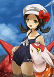  1girl bad_id bad_pixiv_id black_hair brown_eyes cabbie_hat casual_one-piece_swimsuit gen_3_pokemon hat hat_ribbon kotone_(pokemon) latias one-piece_swimsuit pokemon pokemon_(creature) pokemon_(game) pokemon_hgss red_ribbon ribbon school_swimsuit short_hair swimsuit twintails 