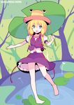  adapted_costume anklet ass_visible_through_thighs barefoot blonde_hair eyes feet hat ideolo jewelry leaf_umbrella moriya_suwako no_nose open_mouth outstretched_arm short_hair smile solo touhou 
