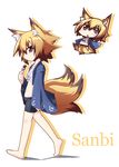  animal_ears barefoot bike_shorts brown_eyes brown_hair chibi fox_ears fox_tail multiple_tails navel original reku sanbi_(reku) short_hair tail 