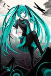  aircraft airplane aqua_hair bad_id bad_pixiv_id chain-link_fence fence gloves green_eyes hatsune_miku hitsukuya koi_wa_sensou_(vocaloid) legs long_hair megaphone necktie open_mouth pantyhose skirt solo speaker twintails very_long_hair vocaloid 