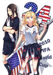  1girl 2010_fifa_world_cup america bad_id bad_pixiv_id bliss_(ferment_factory) blonde_hair blue_eyes braid brown_eyes brown_hair curly_hair flag highres long_hair shorts smile world_cup 