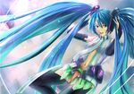  arms_up blue_hair bridal_gauntlets green_eyes hatsune_miku hatsune_miku_(append) highres long_hair navel necktie no_panties reki_(dezuko) smile solo thighhighs twintails very_long_hair vocaloid vocaloid_append 