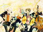  4boys alice_(pandora_hearts) black_hair blonde_hair brown_hair dress emily_(pandora_hearts) flower formal gilbert_nightray green_eyes hair_over_one_eye instrument liam_lunettes mochizuki_jun multiple_boys musical_note oz_vessalius pandora_hearts red_eyes short_hair silver_hair smile trench_coat xerxes_break yellow_eyes 