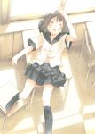  arm_up black_hair blush chair classroom desk from_above indoors kneehighs legs lying mizu_asato navel no_shoes on_back original saliva school_desk school_uniform short_hair skirt socks solo wince window 