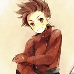  :d bad_id bad_pixiv_id brown_hair lloyd_irving lowres male_focus open_mouth red_shirt sepia_background shirt smile solo tales_of_(series) tales_of_symphonia yukino_(pixiv) 