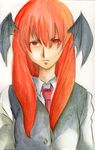  bad_id bad_pixiv_id demon head_wings highres koakuma long_hair necktie orange_hair red_neckwear serious simple_background solo suzaku_mikado touhou traditional_media watercolor_(medium) 