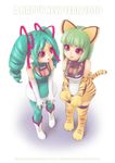  2girls animal_ears aqua_legwear boots breasts cat_ears chinese_zodiac cleavage drill_hair elbow_gloves fastech_360 gloves green_hair ground_vehicle hayabusa_(train) highres multiple_girls new_year open_mouth original pantyhose personification red_eyes short_hair small_breasts striped sugimoto_yoshiaki tail thighhighs tiger_stripes train year_of_the_tiger 