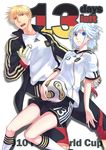  1girl 2010_fifa_world_cup bad_id bad_pixiv_id ball bliss_(ferment_factory) blonde_hair blue_eyes germany gloves highres jacket red_eyes short_hair shorts smile soccer_ball teamgeist white_hair world_cup 
