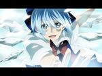  anime_coloring bad_id bad_pixiv_id blue_eyes blue_hair bow bowtie cirno fake_screenshot foreshortening ice letterboxed open_mouth red_bow setsu short_sleeves solo touhou wings 