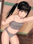  bangs black_hair breasts chitose_(zenkou) dated from_above grey_panties hair_bobbles hair_ornament looking_at_viewer looking_up midriff navel orange_eyes original panties parted_lips shadow shouji sliding_doors small_breasts solo tank_top twintails underwear wooden_floor zenkou 