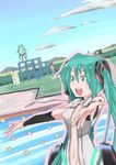  absurdres aqua_eyes aqua_hair bad_id bad_pixiv_id dutch_angle foreshortening hands hatsune_miku hatsune_miku_(append) highres jungle_gym long_hair muck_(artist) navel necktie outstretched_hand playground smile solo twintails vocaloid vocaloid_append 